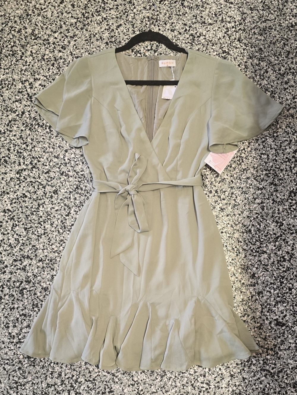 Light Sage Wrap Mini Dress with Tie Waist by Rumor